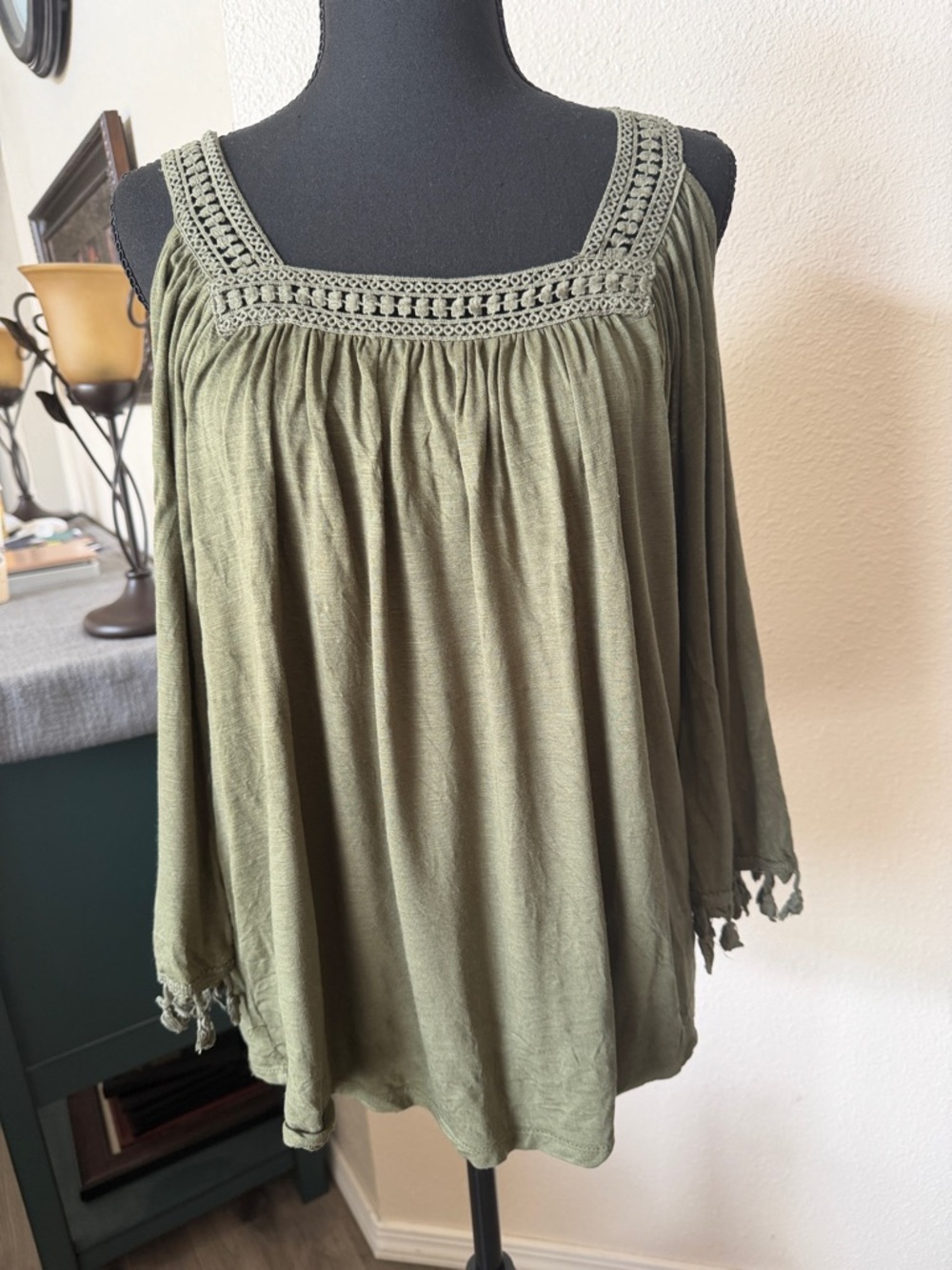 Olive Green Crochet-Trim Cold Shoulder Tunic